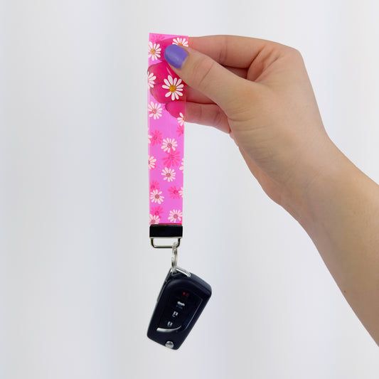 Clear Neon Pink Daisies Wristlet Keychain